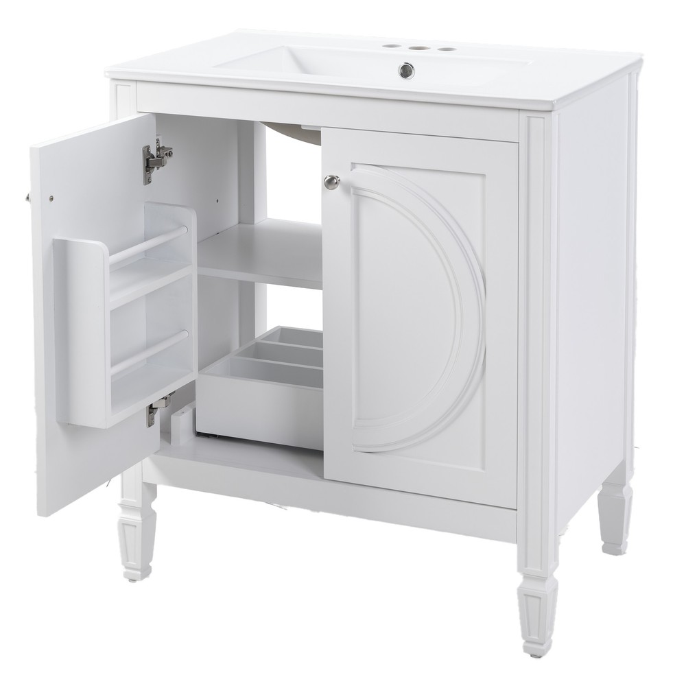 30" White Bathroom Vanity w/Ceramic Sink,2 Soft-Close Doors & Adjustable Shelf