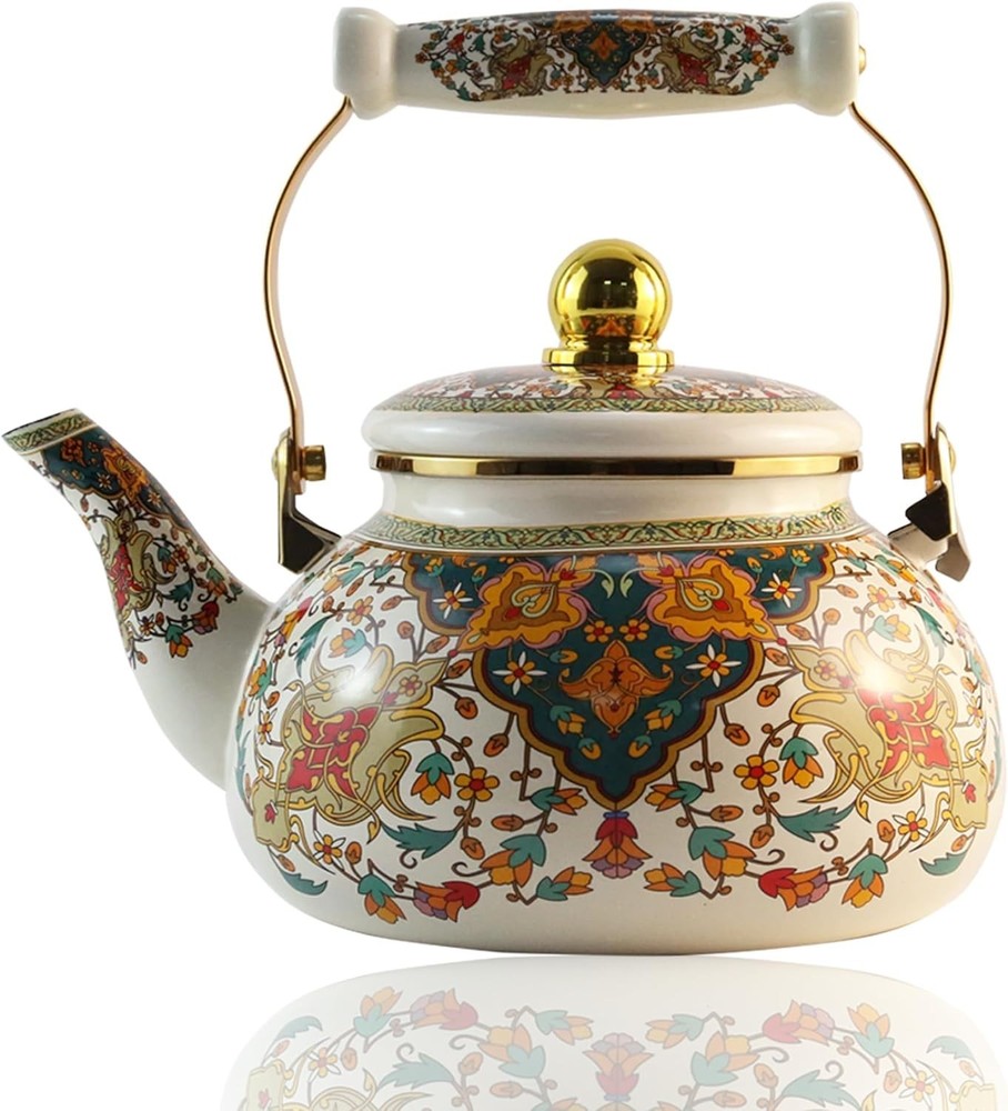 Vintage Floral Enamel Tea Kettle 2.5 L Porcelain Teapot with Ceramic Handle Pot!
