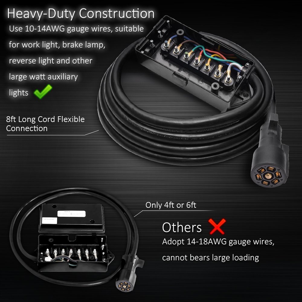 MICTUNING 8ft Trailer Cord 7 Way Plug Inline Junction Box Wiring Harness Kit