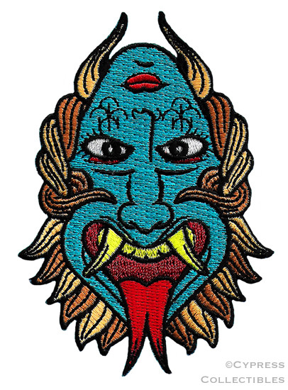 FLIP FACE PATCH iron-on embroidered TATTOO DEVIL DESIGN EMBLEM OPTICAL ILLUSION