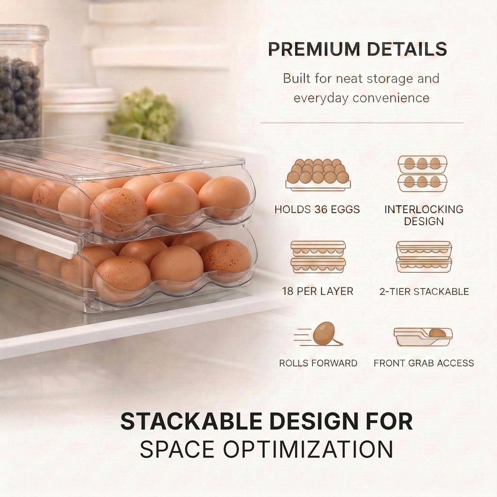 Egg Holder for Fridge with Rolling Auto Dispense, Egg Dispenser for Refrigera...