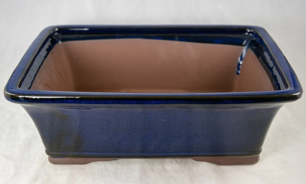 12" Rectangular Dark Blue Glazed Cactus & Succulent, Bonsai Planter - Pot/Set