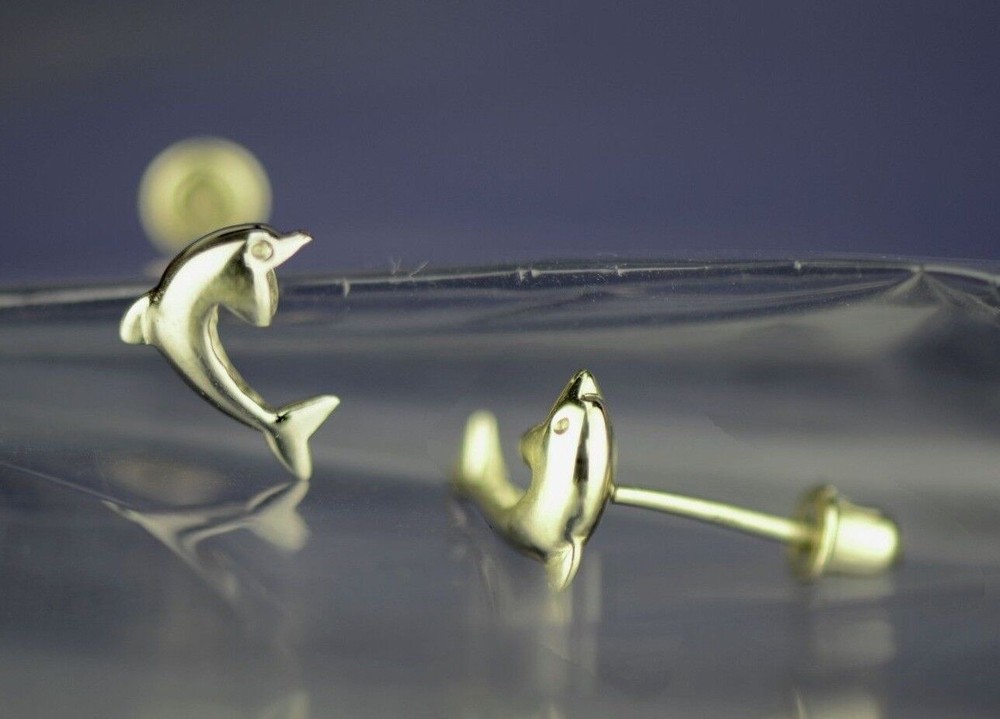 14k Yellow White Gold Dolphin Earrings