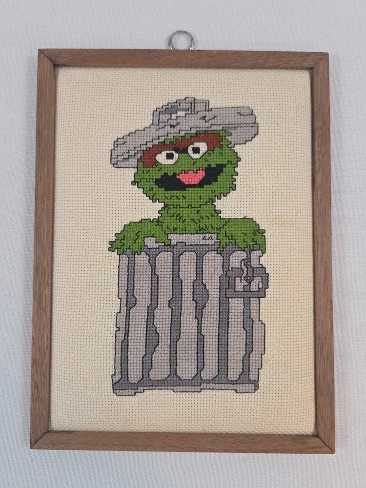 Vintage Oscar The Grouch Needlework Piece In Frame