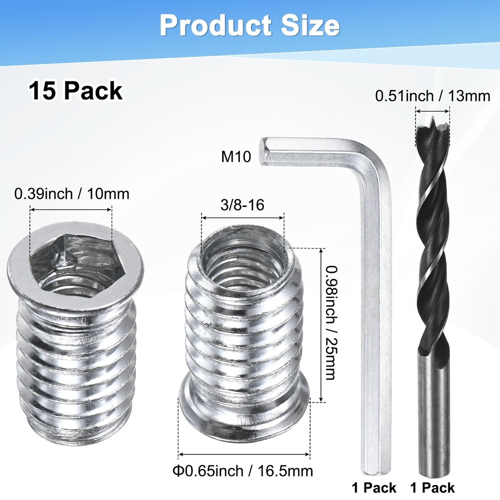 15-Pack Threaded Inserts, 3/8-16x25mm Nuts with A Wrench and Drill Bit [Silver]