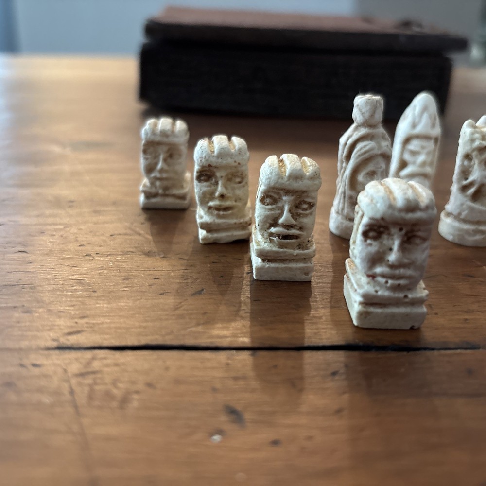 Vintage Mini Mayan Aztec Chess Set Complete Brown & Cream