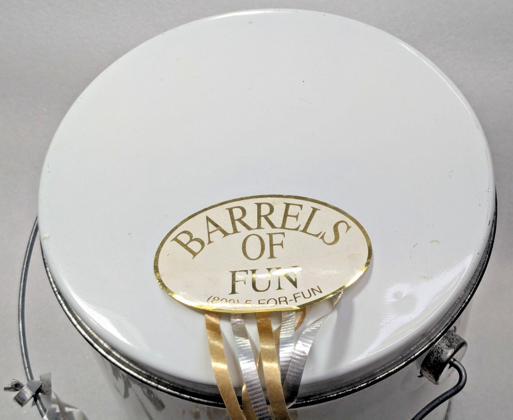 Barrels of Fun Empty White Popcorn /Cookie Tin