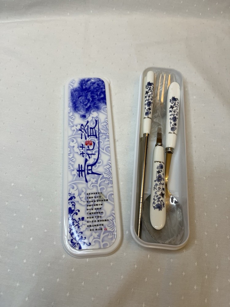 Chopsticks And Fork And Spoon In Case, Blue Butterfly Pattern