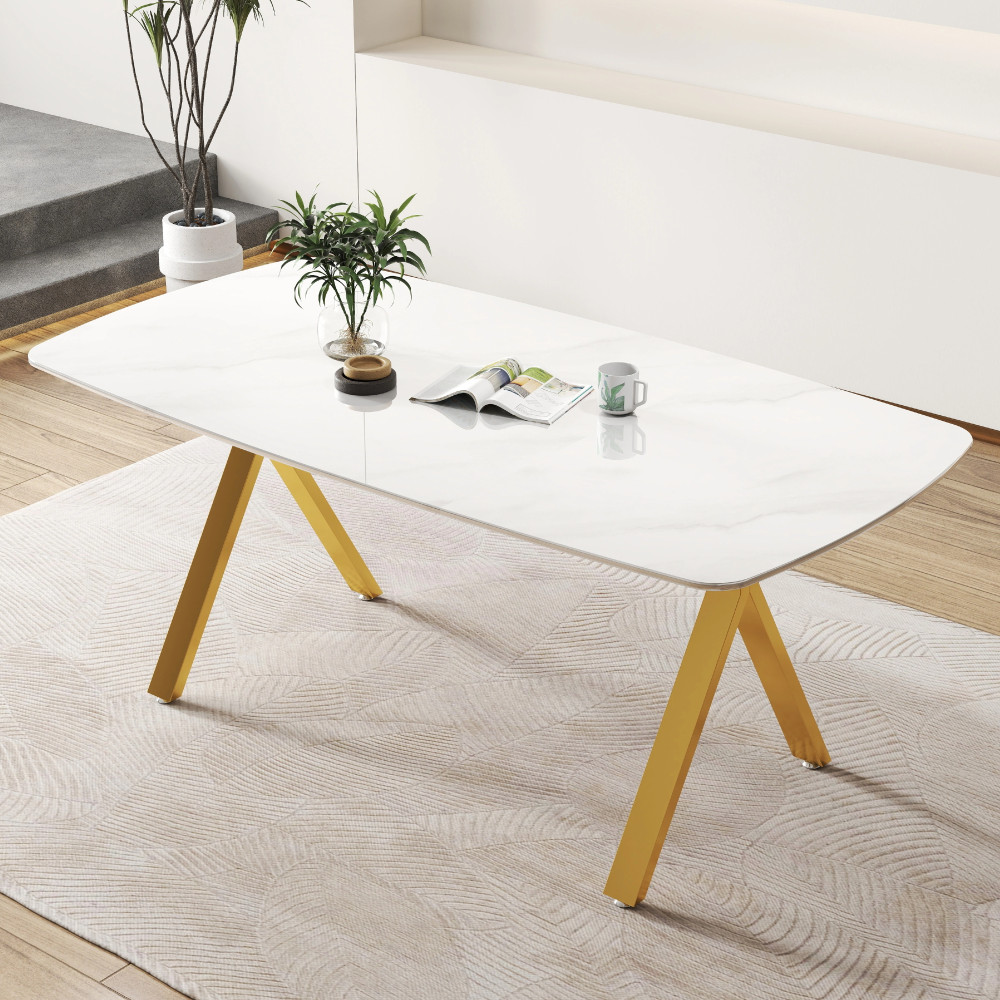 Rectangular dining table featuring a tempered glass tabletop a marble-patterne