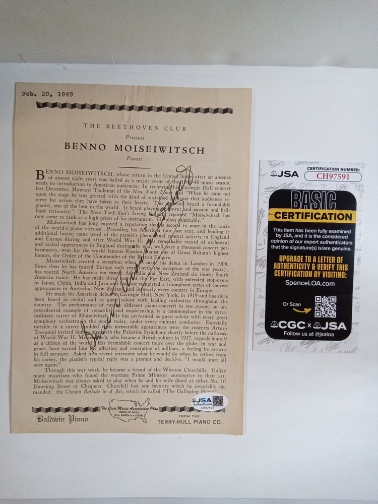 Benno Moiseiwitsch Signed Program Classical Pjanist Rachmanioff JSA