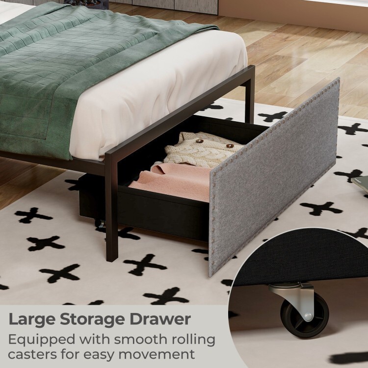 Twin Size Upholstered Bed Frame w/ LED Light Rolling Storage Drawer & Metal Slat