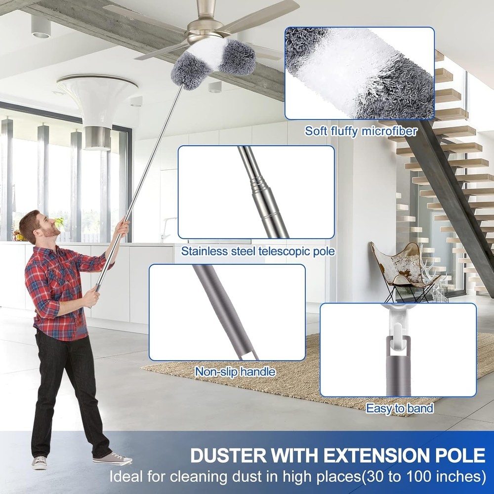 Complete 11PCS Microfiber Duster Kit with Extension Pole for Elegant Cleaning