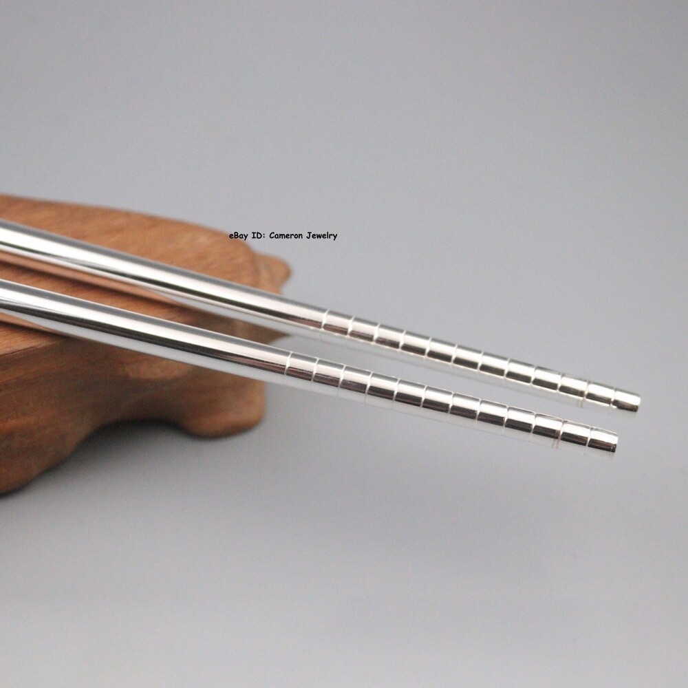 Solid S999 Fine Silver 999 Home Tableware Bamboo Spiral Handle Chopsticks 8.3in