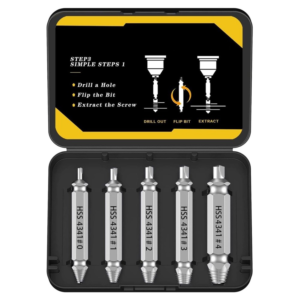 Professional Screw Extractor Set, 5-Piece HSS Drill Bit Kit