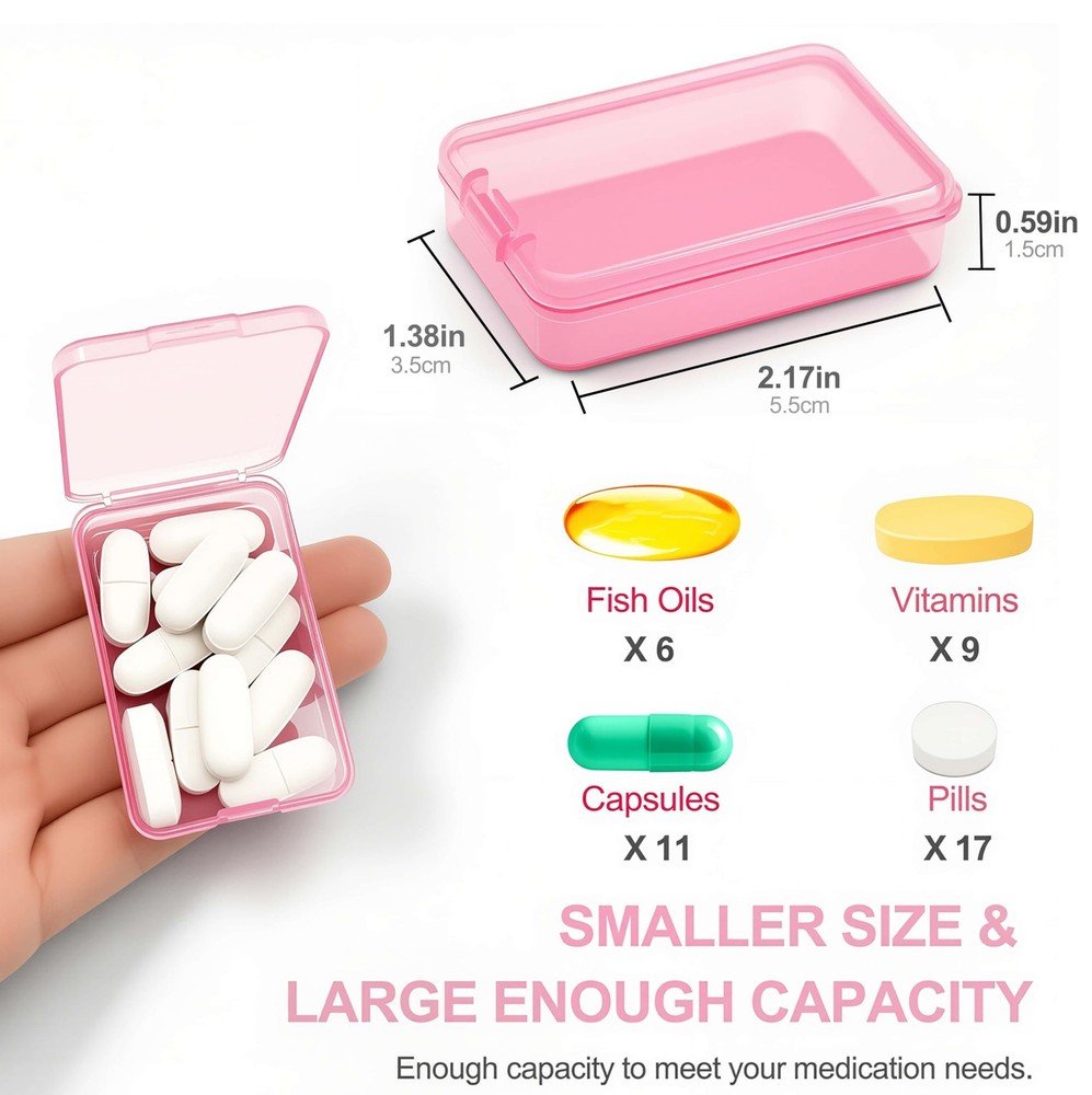 6 PCS Small Pill Box, Tiny Case,Mini Clear Plastic Storage Pink