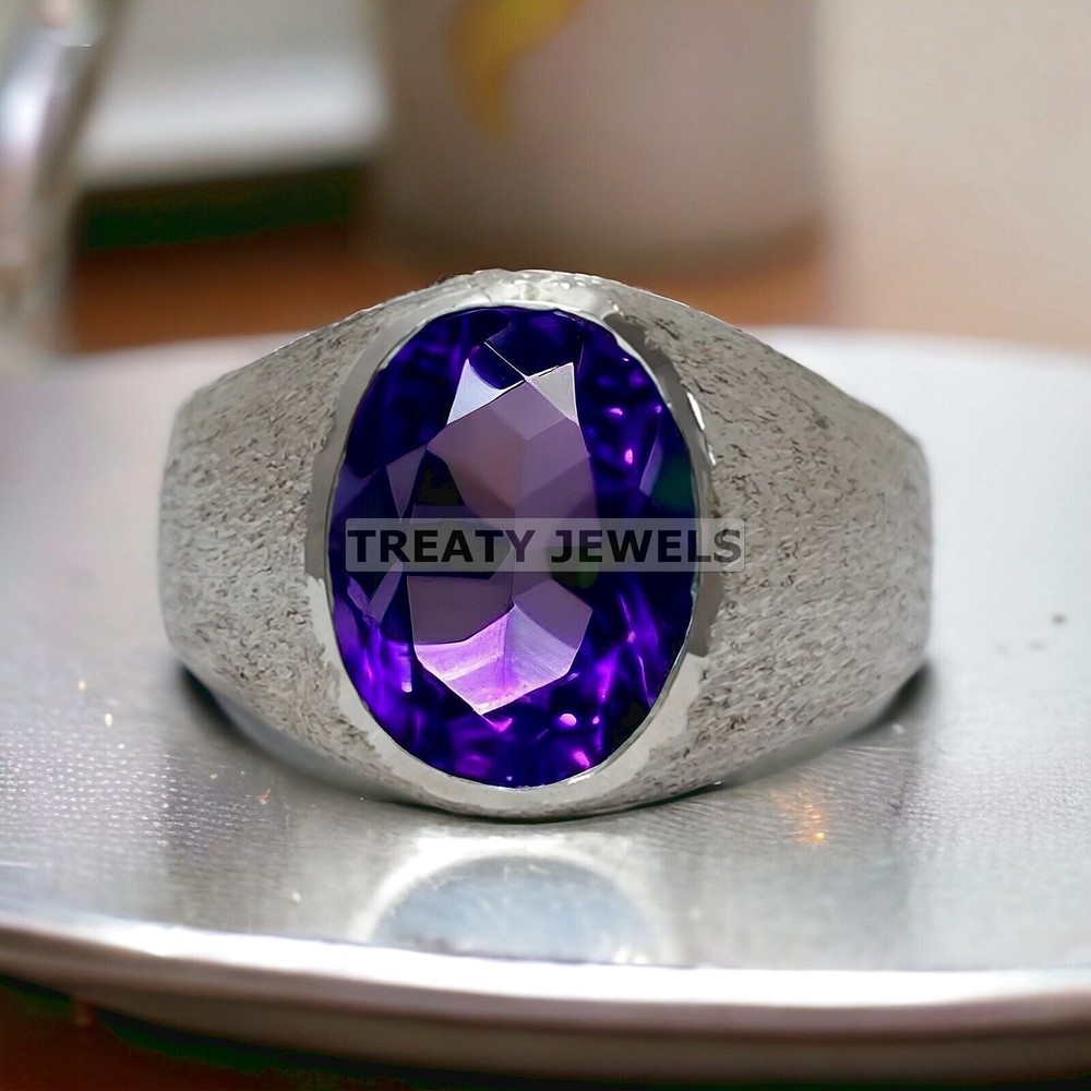 Amethyst Oval Cut Gemstone With 14K Solid White Gold Ring For Men's #132