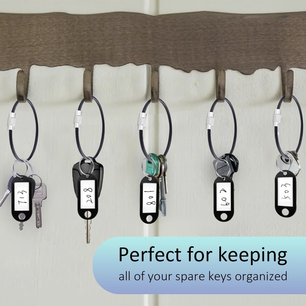 10 Pack Plastic Key Tags with Labels and Split Ring, Black Cable Key Ring and...