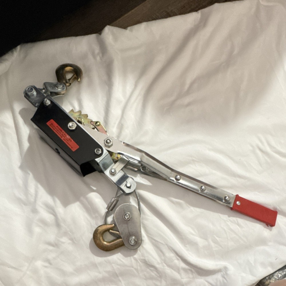 Industrial Hand Winch Cable Puller with Red Handle and Dual Hooks