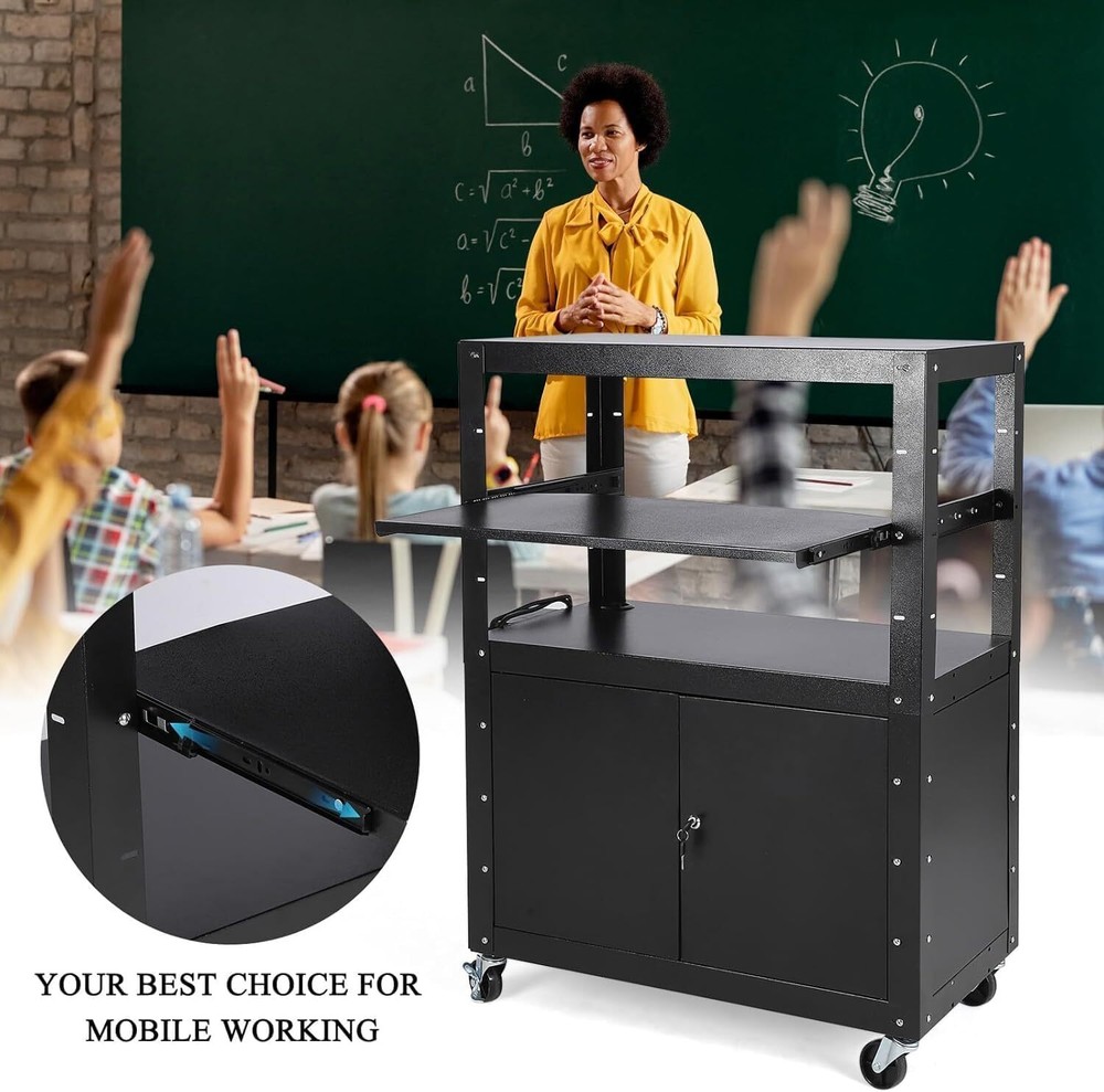 Height Adjustable Rolling AV Cart W/ Lockable Cabinet Pullout Trays Drop Leaves