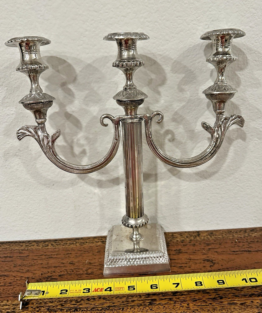 Empire Style Silver Plate 3-Light Candelabra Fluted Column, Square Base 11" tall