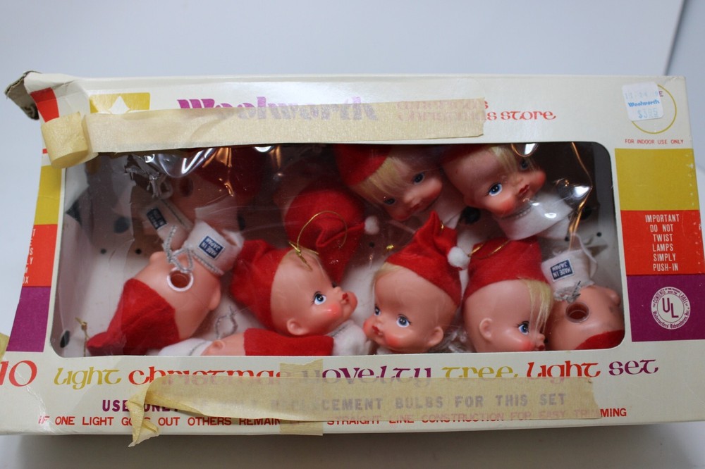 Vintage Elf/Pixie Light Covers W/10 Light String Made Japan Red Hats Woolworth