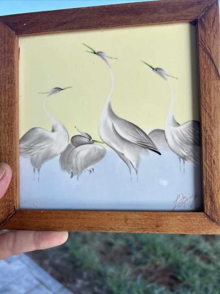Vintage Art Tile Framed Signed Hand-Painted Cranes
