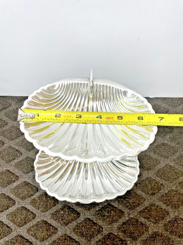 Sterling Silver 2 Tier Shell Dishes Curved Handle Mexico, 204 grams