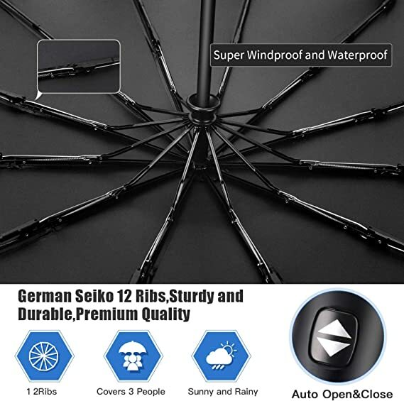 Umbrella Windproof Travel Umbrella - Wind Resistant - Compact, Light, Auto 12Rib