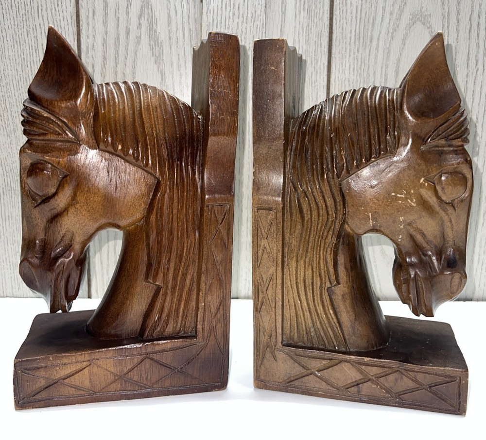 Vintage Pair Monkey Pod Solid Wood Horse Bookends Rustic GUC