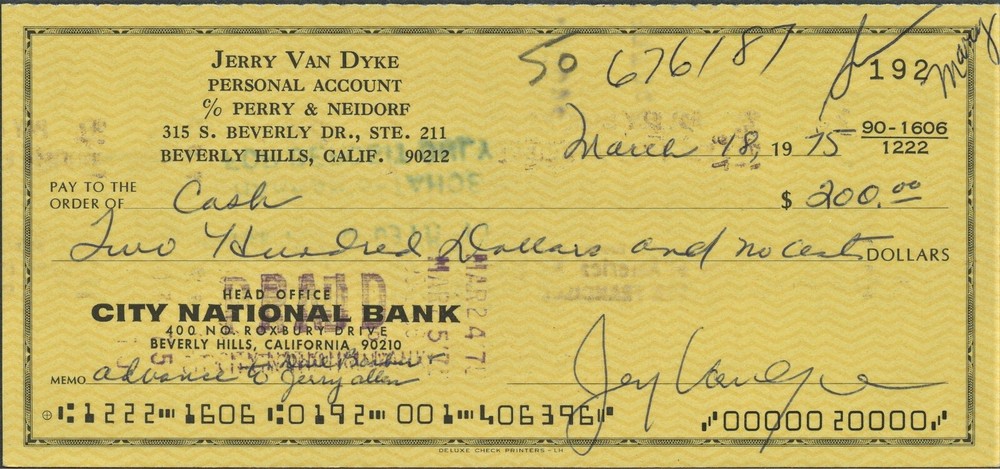 JERRY VAN DYKE Signed Check