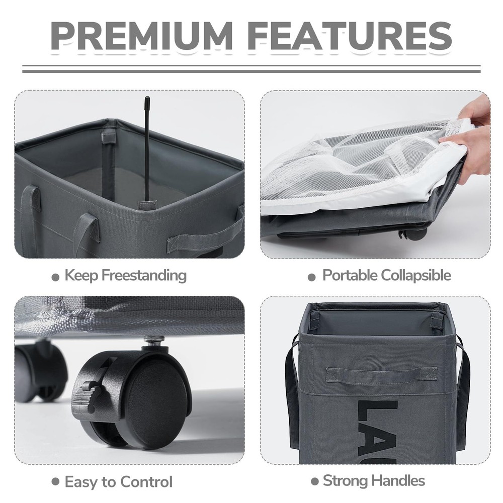 75L Rolling Laundry Basket with Wheels Collapsible Hamper for Dorms Grey