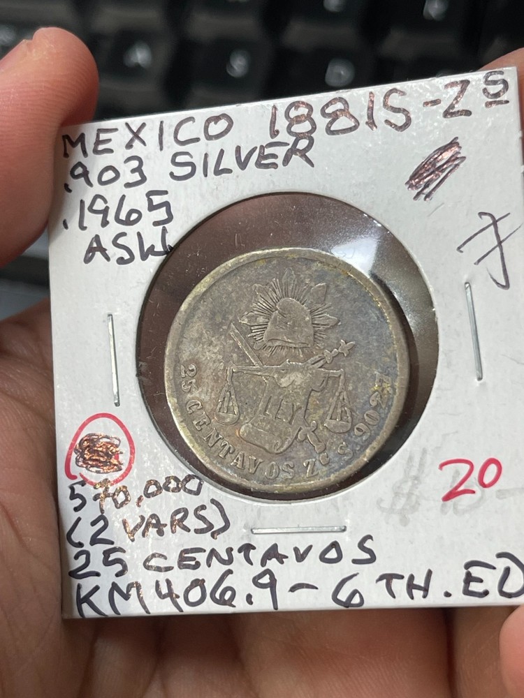1881 Mexico 25 Centavos Silver Coin