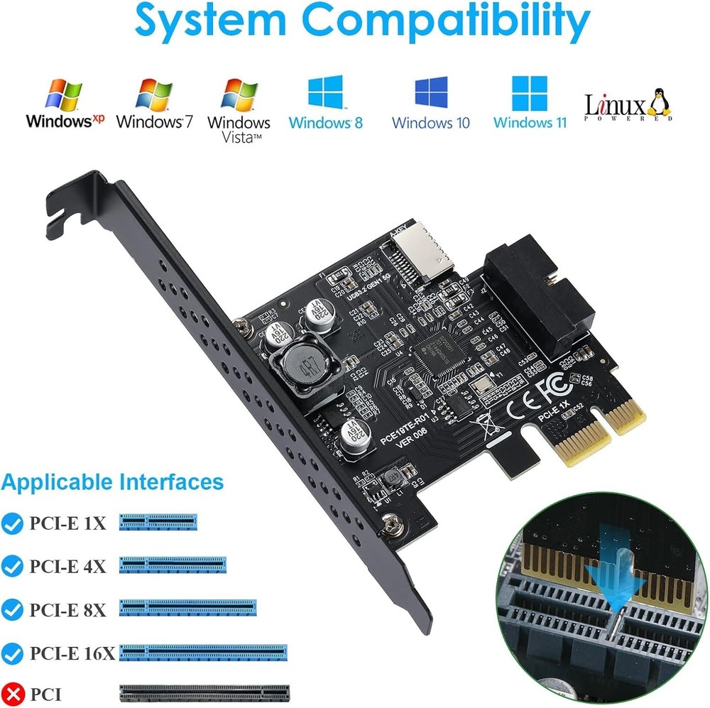 PCI-E 1X to USB 3.2 5Gbps 20pin Front Panel Header to Type-c Front Panel Head...