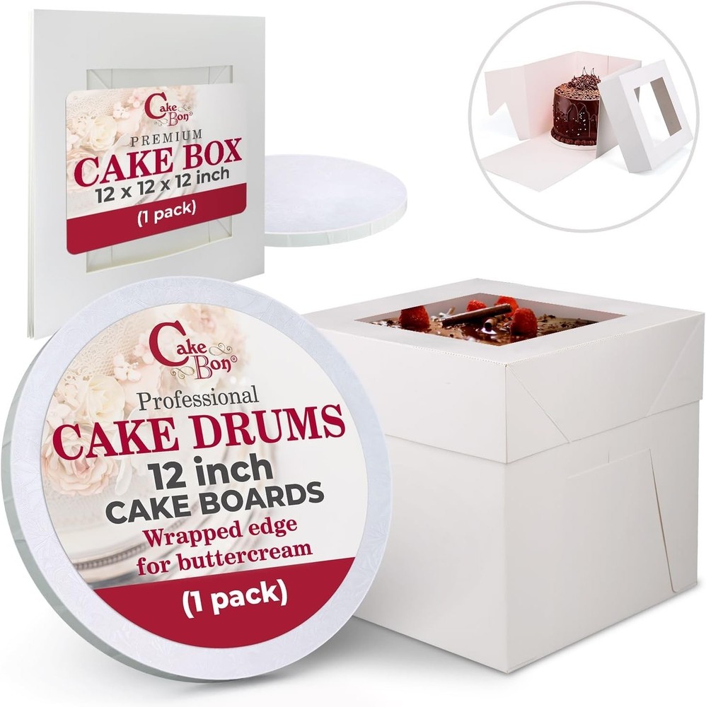 Cake Boxes with Boards 12 Inch Round White Disposable Cake Packaging with Window