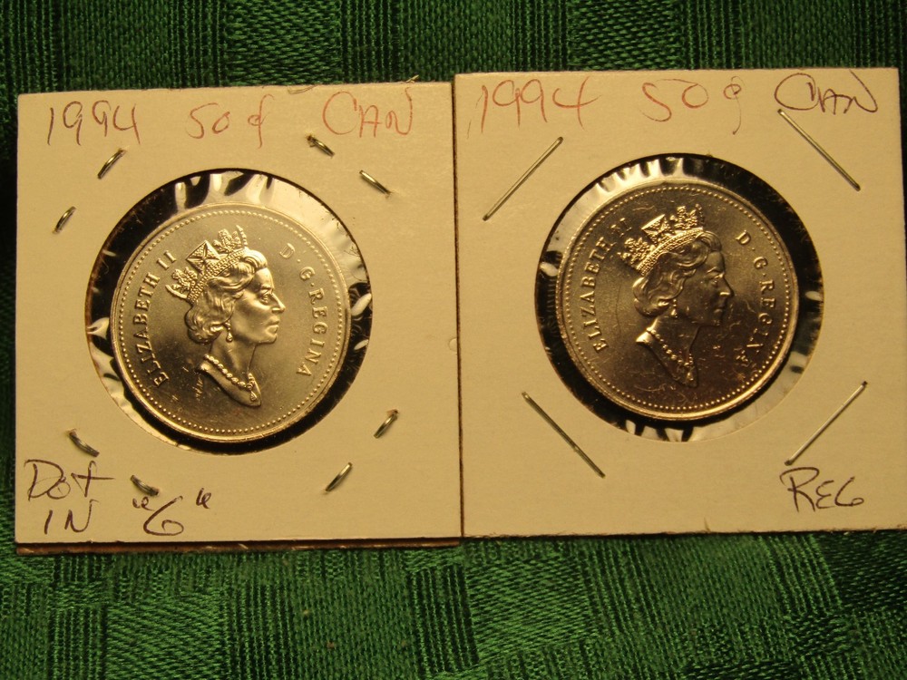 1994  CANADA  50c. SCARCE MINT ERROR  with DoT in "G" & REGULAR  1994..2  COINS