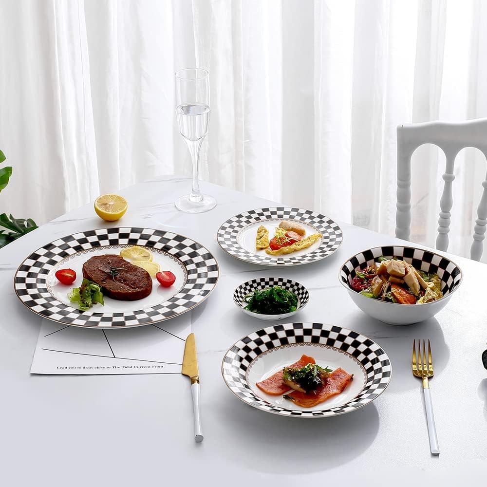 Porlien Checker Pattern 20-piece Round Dinnerware Set for 4, Black/White