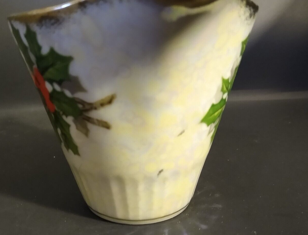 Iridescent Holly Creamer unknown maker; two small dark marks under glaze