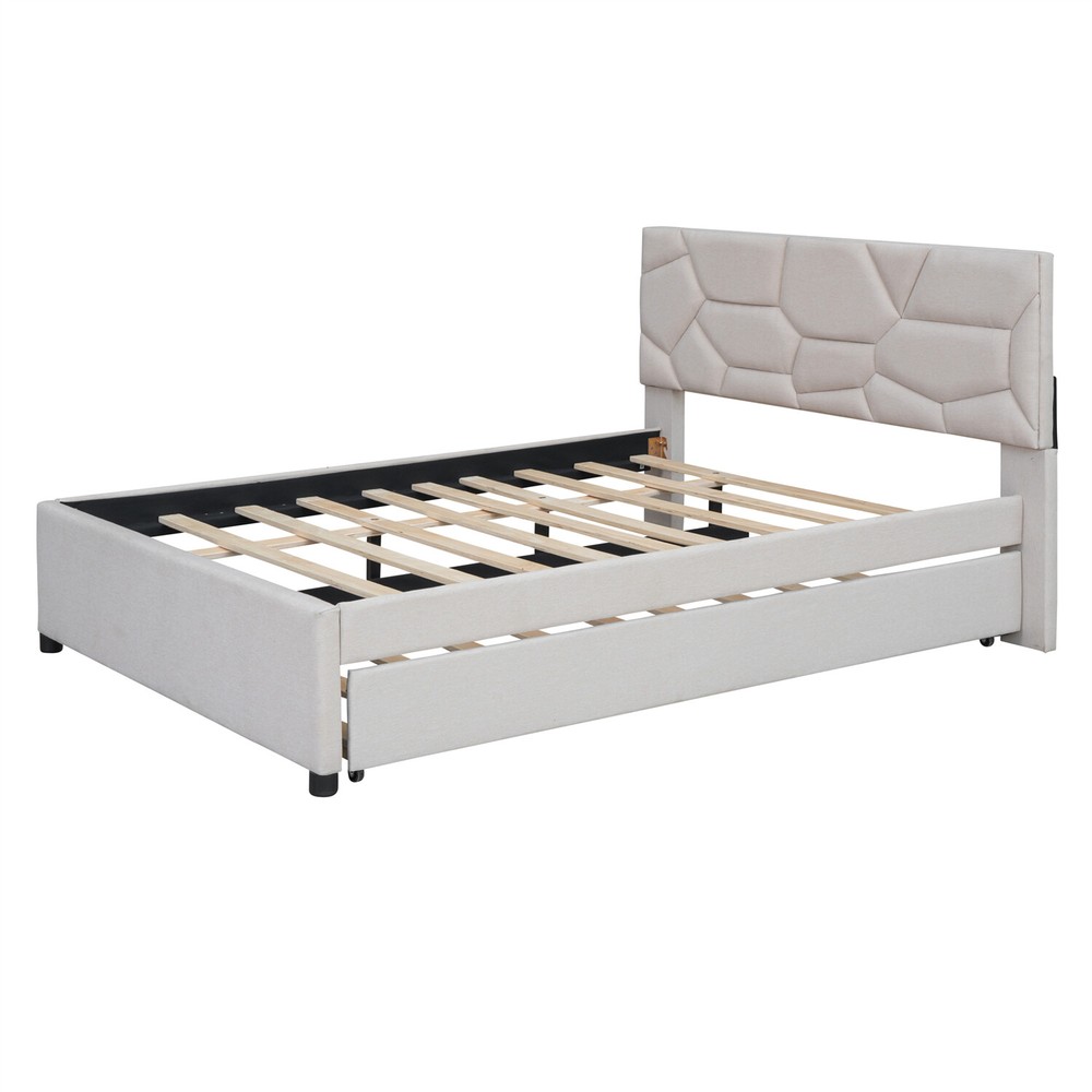 Full/Queen Size Bed Frame Upholstered Platform Bed w/ Headboard Beige/Gray