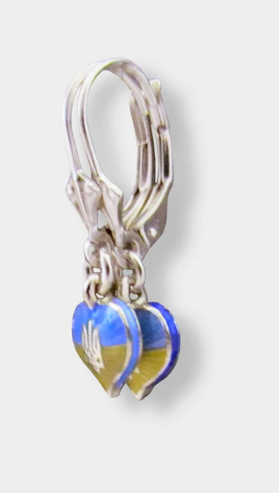 Silver Ukrainian Trident Тризуб in Heart Earrings, Drop Dangle,Snap Closure, 1"