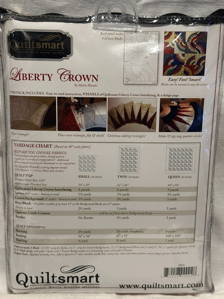 QUILTSMART LIBERTY CROWN Mattie Rhoades Pattern & Printed Interfacing NEW $52