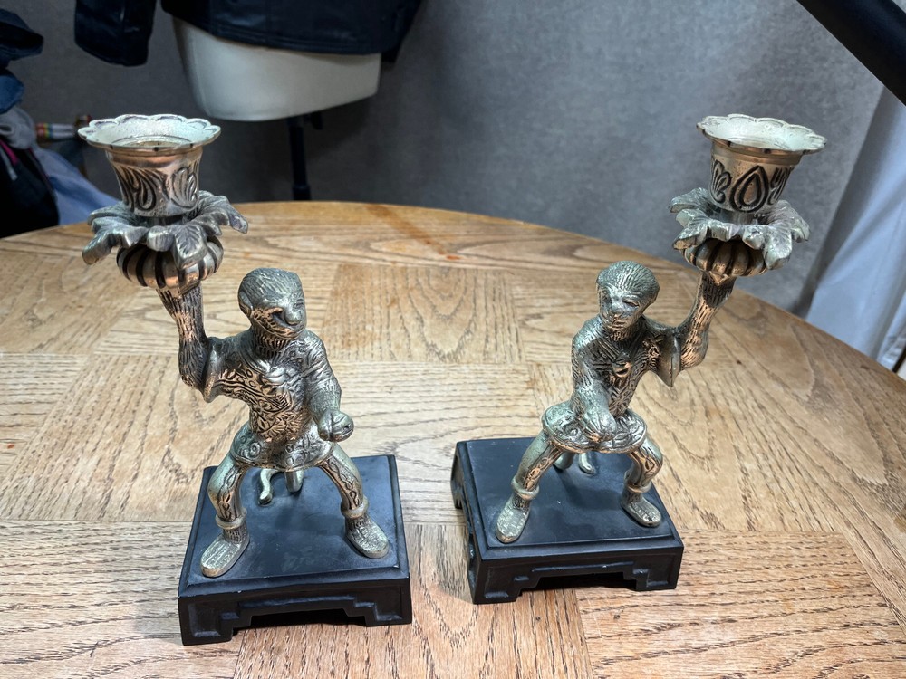 Pair Vintage Silver plated Monkey Warrior Candlestick Holder