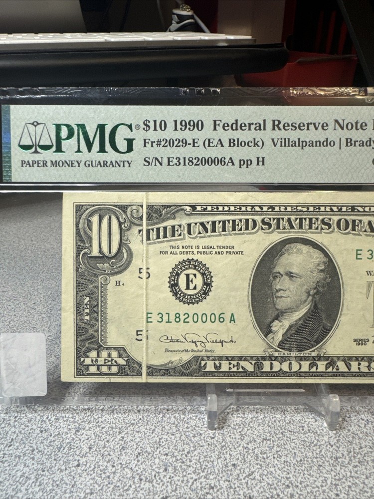1990 $10 FRN ( RICHMOND “E”) ERROR ♚♚LARGE GUTTER FOLD♚♚ PMG 40