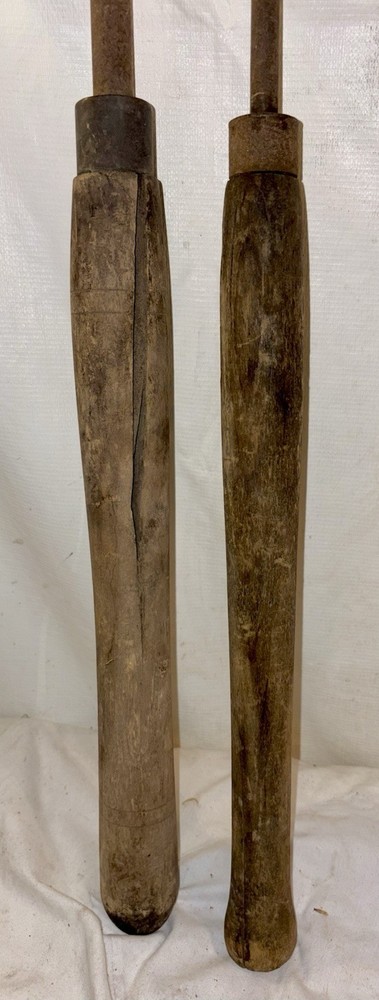PAIR OF PRIMITIVE WOOD HANDLE TOOLS POSSIBLY SPUD & SHAPING OR MASHING TOOL