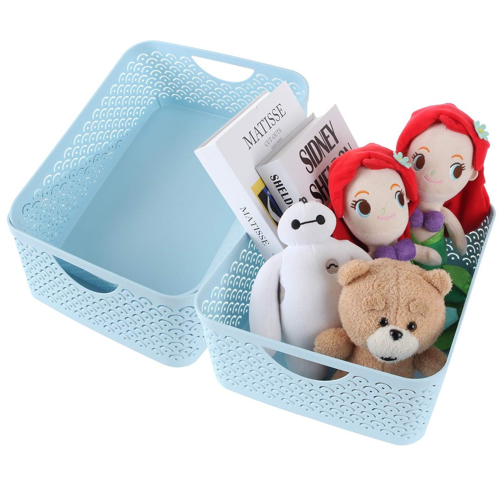 3 Pack Plastic Storage Baskets with Handles, Wavy Fish Scale Pattern Hollow D...