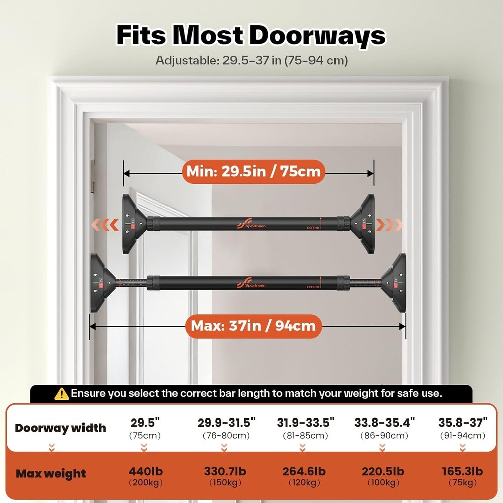 Adjustable No-Screw Pull Up Bar 29.5''-37'' – Max Load 440lbs for Home Workout