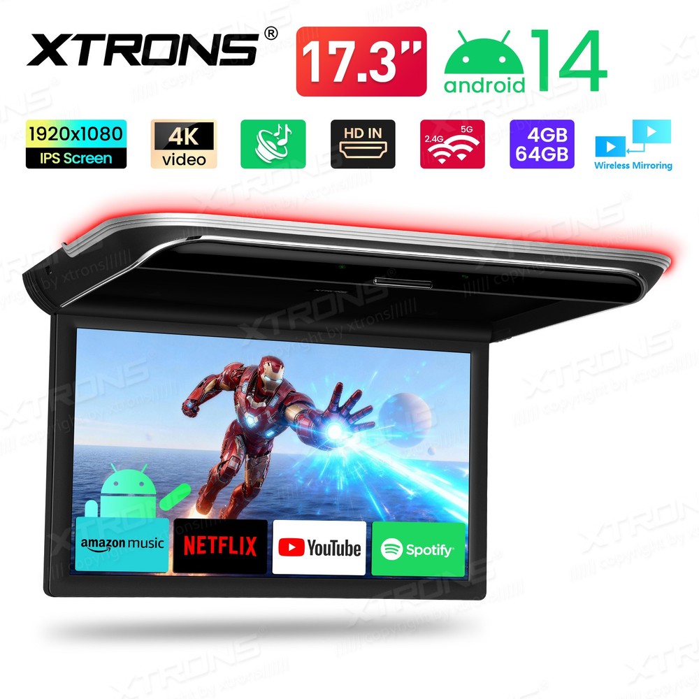 17.3" Car Ceiling Mount TV Android 14 Flip Down Screen 4K Octa Core HDMI WiFi