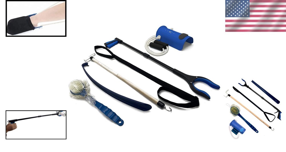6PC Hip Replacement Kit with 32" Grabber Tool, Sock Aide & Dressing Stick - Blue