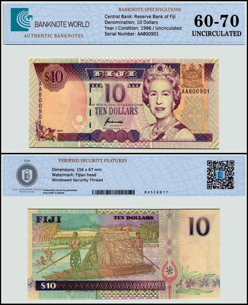 Fiji 10 Dollars, 1996 ND, P-98b, UNC, Authenticated Banknote