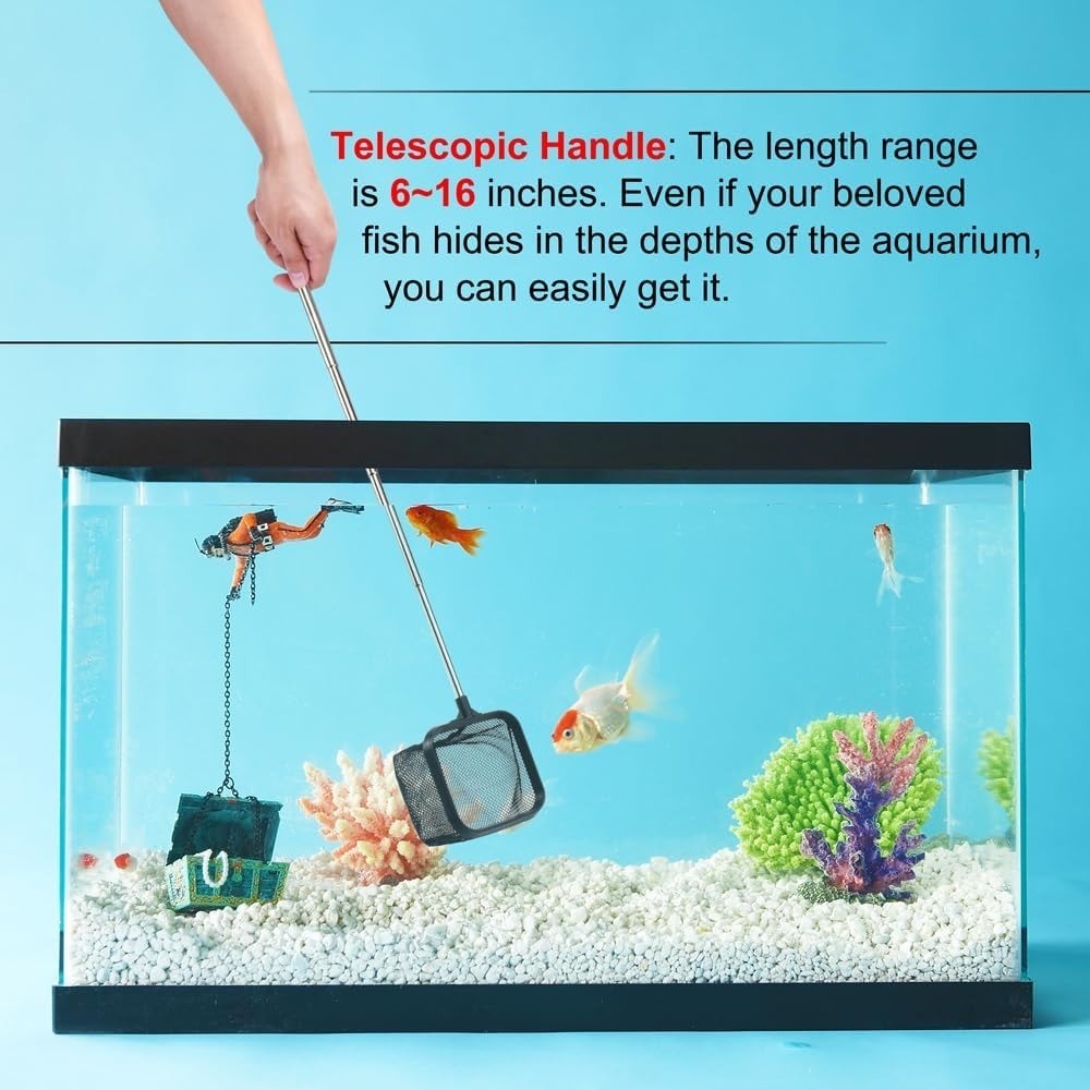 Extendable Handle Aquarium Fish Net Betta Safe Nylon Mesh Tank Tool 6-16 Inch