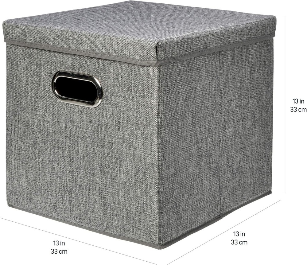 Foldable Burlap Cloth Cube Storage Bin W/ Lid Stackable & Sturdy Gray Set of 2